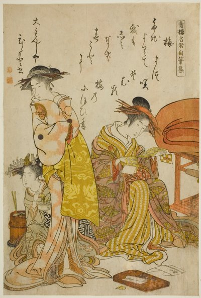 Kurtizána Hitomoto z Daimonjiya, z alba „Porovnání nových krás Yoshiwara – zrcadlo jejich vlastních spisů (Keisei shin bijin awase jikihitsu kagami)“ od Kitao Masanobu