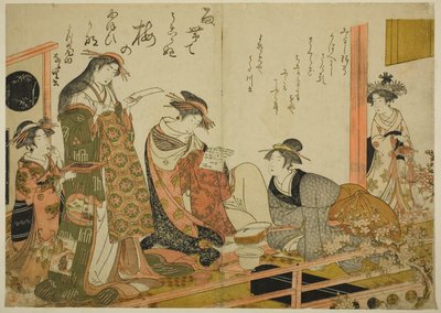 Kurtizány Utagawa a Nanasato z Yotsumeya, z alba „Porovnání nových krás Yoshiwara – zrcadlo jejich vlastních spisů (Keisei shin bijin awase jikihitsu kagami)“ od Kitao Masanobu
