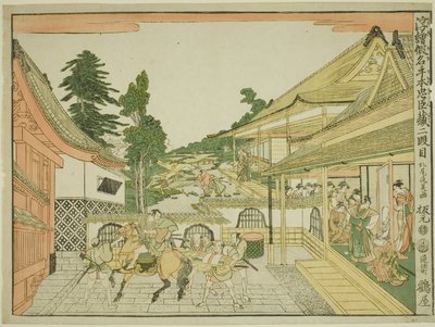 Akt II (Nidanme), ze série "Perspektivní obrázky skladiště loajálních zadržovatelů (Uki-e kanadehon Chushingura)" od Kitao Masayoshi
