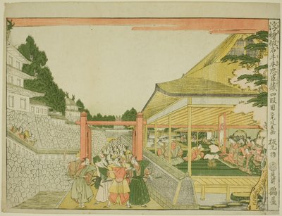 Akt IV (Yondanme), ze série "Perspektivní obrázky skladiště loajálních zadržovatelů (Uki-e kanadehon Chushingura)" od Kitao Masayoshi