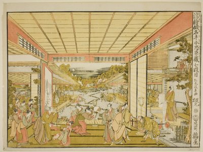 Akt VII (Shichidanme), ze série "Perspektivní obrázky skladiště loajálních zadržovatelů (Uki-e kanadehon Chushingura)" od Kitao Masayoshi