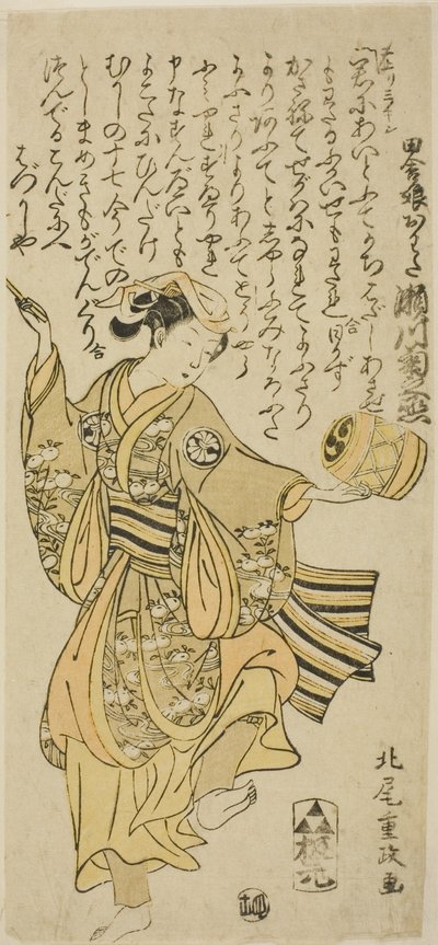 Herec Segawa Kikunojo II jako Owata ve hře „Taiheiki Shizunome Furisode“, hrál v divadle Nakamura v jedenáctém měsíci, 1767 od Kitao Shigemasa