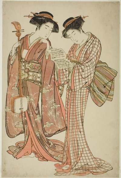Dvě Gejši drží Shamisen a Song Book od Kitao Shigemasa