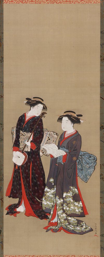 Dvě dívky stojí, jedna drží otevřenou knihu, 1615-1868. od Kitao Shigemasa