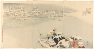 Druhý měsíc: kopec Matsuchi na sněhu za soumraku (Kisaragi, Matsuchiyama yuki no tasogare), ze série Pravdivé pohledy na známá místa v Tokiu (Tokyo meisho shinkei no uchi). od Kiyochika Kobayashi