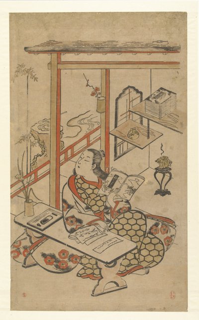 Žena u stolu čte Genjiho vyprávění. od Kiyomasu (I) , Torii (attributed to)