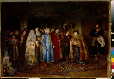 Bojarská svatba (bojar, bojar) v 16. století, nevěsta má na sobě kokochnik (Boyar