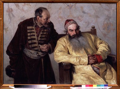 Une denunciation au Boyar (boiard, boiar) (To The Boyar With A Denunciation). V neklidných dobách (1598-1613) za vlády cara Ivana IV. Hrozného (1530-1584) v moskevském velkovévodství promluvil muž, který držel v ruce složený papír. od Klavdiy Vasilievich Lebedev