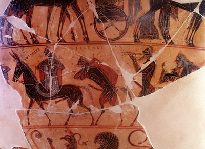 Návrat Hefaista (Héfaistos) na Olymp - detail pancíře, přední B spodní rejstřík - řecký kráter 
