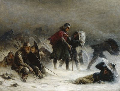 Král Sverre ve vánici v pohoří Voss od Knud Bergslien