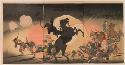 Bombardování nepřátelského tábora jako naše druhá armáda přistává v pevnosti Jinzhou od Kobayashi Kiyochika
