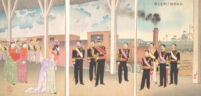 Ilustrace příjezdu císaře na stanici Shinbashi po vítězství vítězství..., 1895. od Kobayashi Kiyochika