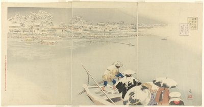 Druhý měsíc: Matsuchi Hill ve sněhu za soumraku (Kisaragi, Matsuchiyama yuki no tasogare), ze série "Opravdové pohledy na slavná místa v Tokiu (Tokyo meisho shinkei no uchi)" od Kobayashi Kiyochika
