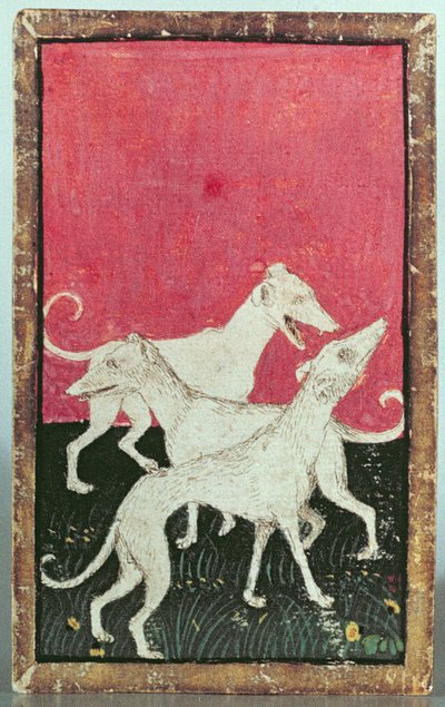 Tři lovečtí psi, jeden ze sady hracích karet zobrazujících scény dvorského jestřábnictví, Horní Porýní Are, c.1440-45 (pero a inkoust, wc) (viz také 87698, 88300 a 88302-04) od Konrad Witz