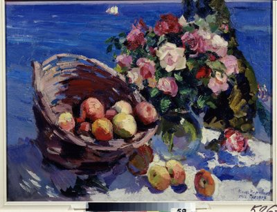 Gurzuf, Ukrajina (Gurzuf). Zátiší květin a ovoce u moře. Malba Konstantina Alexejeviče Korovina (Constantin Korovin) (1861-1939), olej na plátně od Konstantin Alekseevich Korovin