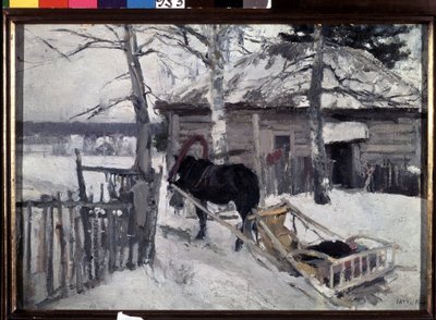 Zima (zima). Koňský povoz na dvoře dřevěného domu, na venkově, pod sněhem. Obraz Konstantina Alexejeviče Korovina (Constantin Korovin) (1861-1939), olej na plátně od Konstantin Alekseevich Korovin