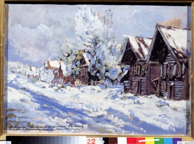 Zima (zima). Pohled na ulici vesnice s dřevěnými domy, pod sněhem. Dílo Konstantina Alexejeviče Korovina (1861-1939), kvaš na kartonu od Konstantin Alekseevich Korovin