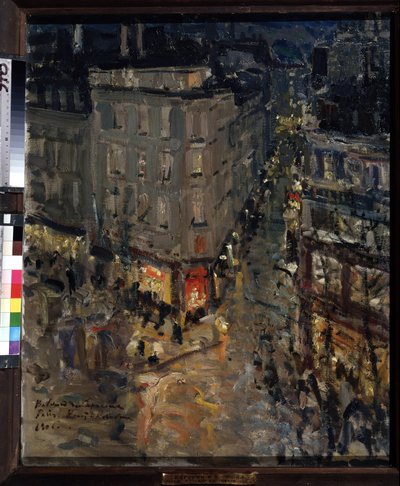 Paříž, Boulevard des Capucines (Paříž, Boulevard des Capucines). Pohled na křižovatku boulevards des Capucines a bulvárů Italiens, za letní noci, budovy a ruch ulice osvětlené světly pouličních lamp. Obraz Konstantina Ale od Konstantin Alekseevich Korovin