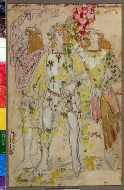 Návrhy kostýmů pro balet Raimonda Alexandre (Alexander) Glazunov (Glazounov nebo Glazunoff nebo Glazunow) (1865-1936) (Návrh kostýmů pro balet Raimonda A. Glazunova). Mužské kostýmy. Umělecké dílo Konstantina Alexejeviče Korovina (Constantin K od Konstantin Alekseevich Korovin