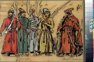 Návrhy kostýmů pro operu Chovanshchina aneb knížata Khovanskij od Modeste Musorgského (1839-1881) (Návrh kostýmů pro operu Chovanshchina od M. Musorgského). Dílo Konstantina Alexejeviče Korovina (Constantin Korovin) (1861-1939), akvarel, go od Konstantin Alekseevich Korovin
