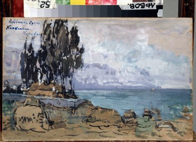 Scénografie k baletu Labutí jezero Piotra Iliče Čajkovského (1840-1893) (scéna k baletu Labutí jezero P. Čajkovského). Krajina, břeh jezera se shlukem stromů. Umělecké dílo Konstantina Alexejeviče Korovina (Constantin Koro od Konstantin Alekseevich Korovin
