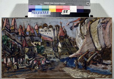 Scénický návrh pro Operu Sadko od Nicolase (Nikolaje) Rimského Korsakova (Rimskij-Korsakov) (1844-1908) (Scéna pro Operu Sadko od N. Rimského Korsakova (Rimskij-Korsakov). Popis města a dřevěných budov postavených na nábřeží, kde jsem od Konstantin Alekseevich Korovin