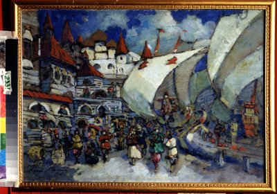 Scénický návrh pro Operu Sadko od Nicolase (Nikolaje) Rimského Korsakova (Rimskij-Korsakov) (1844-1908) (Scéna pro Operu Sadko od N. Rimského Korsakova (Rimskij-Korsakov). Popis města a dřevěných budov postavených na animované nábřeží nebo od Konstantin Alekseevich Korovin