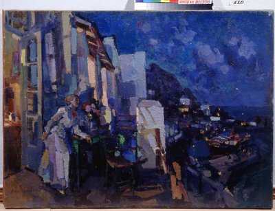 Večer na verandě. Žena využívá panorama města, které se před její terasou rozprostírá do noci. Obraz Konstantina Alexejeviče Korovina (Constantin Korovin) (1861-1939), olej na plátně od Konstantin Alekseevich Korovin