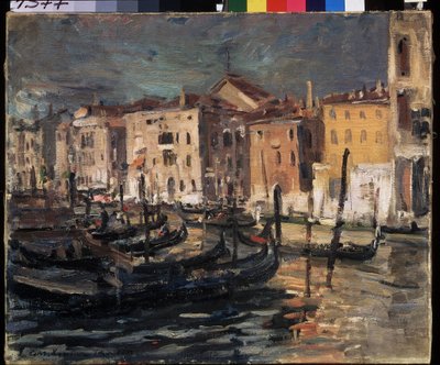 Benátky (Itálie) (Benátky). Canal Grande v Benátské laguně s nábřežími, gondolami a budovami osvětlenými ostrým světlem slunce. Obraz Konstantina Alexejeviče Korovina (Constantin Korovin) (1861-1939), olej na plátně od Konstantin Alekseevich Korovin