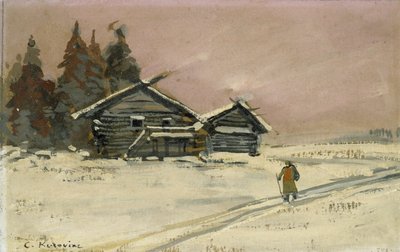 Zimní krajina se dvěma dřevěnými chatami (kolorováno olejem na desce, paspartováno jako kresba) od Konstantin Alekseevich Korovin