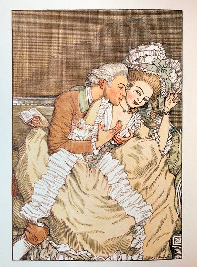 Ilustrace k "Le Livre de la Marquise"" od Franze Bleie (Ilustrace pro Knihu Markýzy od Franze Blei) (markýnka škádlící s netrpělivým milencem) - Dílo Konstantina (Constantina) Andrejeviče Somova (1869-1939), lept od Konstantin Andreevic Somov