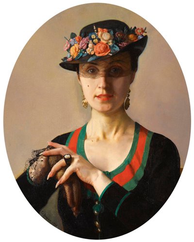 ""Portrait of a Lady" (Portrait of a Lady) Má na sobě květovaný klobouk se závojem Obraz Konstantina Somova (1869-1939) od Konstantin Andreevic Somov
