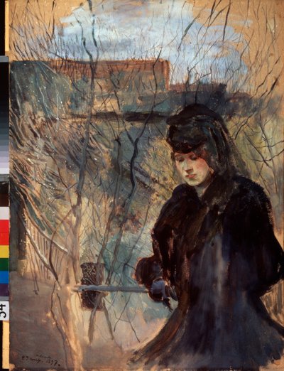 Printemps (jaro) (Žena v černém, tvářící se melancholicky, shlíží dolů, opírající se o tenkou bariéru) - Dílo Konstantina (Constantina) Andrejeviče Somova (1869-1939), akvarel a kvaš na kartonu od Konstantin Andreevic Somov