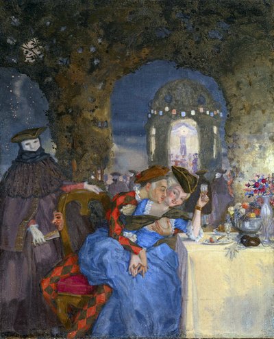 ""Rendez-vous"" Pár žertující na letní párty pod pohledem maskovaných postav Obraz Konstantina Somova (1869-1939) - cca 1918 - Olej na plátně Rozměr 27x22 cm Soukromá sbírka od Konstantin Andreevic Somov