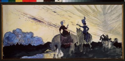 Procházka. (Dva jezdci pozorují oblohu a krajinu). Dílo Konstantina (Constantina) Andrejeviče Somova (1869-1939), tužka a kvaš na papíře od Konstantin Andreevic Somov
