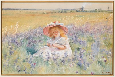 Mladá dívka v poli šalvěje, sedmikrásky a lišajníku lučního, od Konstantin Egorovich Makovsky