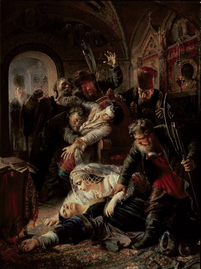 Nájemní vrazi zabíjející cara Borise Fjodoroviče Godunova syna od Konstantin Egorovich Makovsky