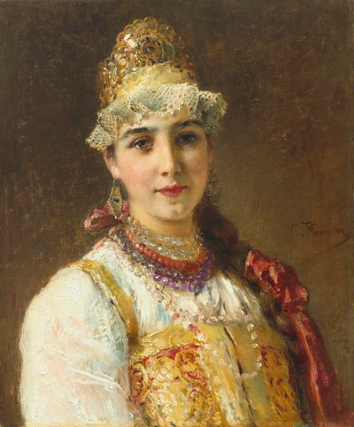 Portrét bojarské ženy (boiard, boiar): je oblečená v sarafánových šatech a na hlavě má ​​kokoshnik, tradiční účes - obraz Konstantina Jegoroviče Makovského (Constantin Makovski) (1839-1915) od Konstantin Egorovich Makovsky