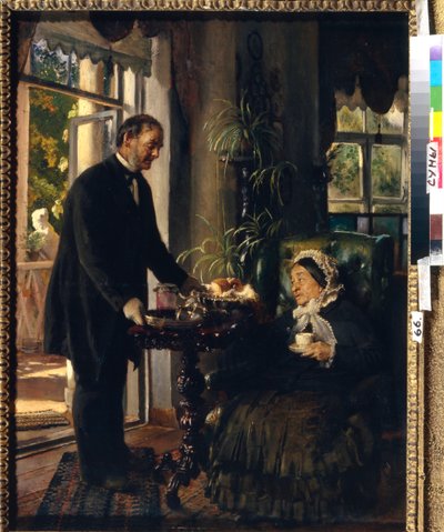 Chatelaine na zámku. (Stará dáma si vezme čaj, který jí podává sluha, který ji obdaruje chlebem a marmeládou). Obraz Konstantina Jegoroviče Makovského (Constantin Makovsky) (1839-1915), olej na plátně od Konstantin Egorovich Makovsky