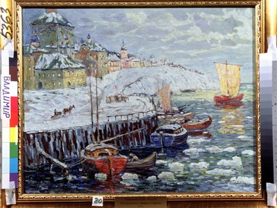 Nábřeží ve starém ruském městě. Popis nábřeží, kde kotví lodě na řece pokryté bloky sněhu, v pozadí město a odplouvající plachetnice. Obraz od Konstantina (Co od Konstantin Ivanovich Gorbatov