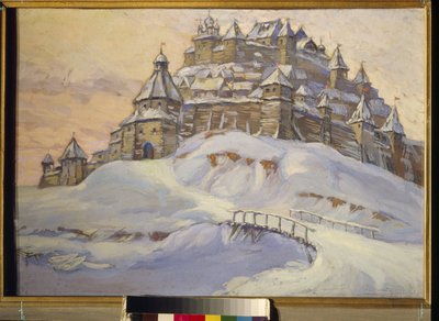 Stará ruská pevnost. (Dřevěné opevněné město, pod sněhem na Ukrajině ve středověku). Dílo Konstantina (Constantina) Ivanoviče Gorbatova (1876-1945), tempera na dřevě, počátek 20. století. Soukromá sbírka. od Konstantin Ivanovich Gorbatov