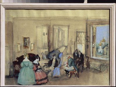 Scéna z divadelní hry "Revizor" od Nicolase Gogola (1809-1852) (Scéna z divadelní hry Revizor od N. Gogola) - Dílo Konstantina Ivanoviče Rudakova (Constantin Roudakov) (1891-1949) , akvarel a kvaš na papíře - výtvarná scénografie od Konstantin Ivanovich Rudakov