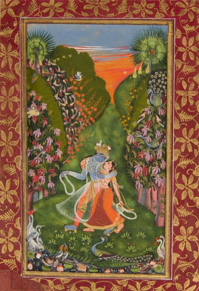 Radha a Krishna Walking in a Flowering Grove recto, Krishna Fluting verso, c1720 r, c1750-75 v od Kota Master