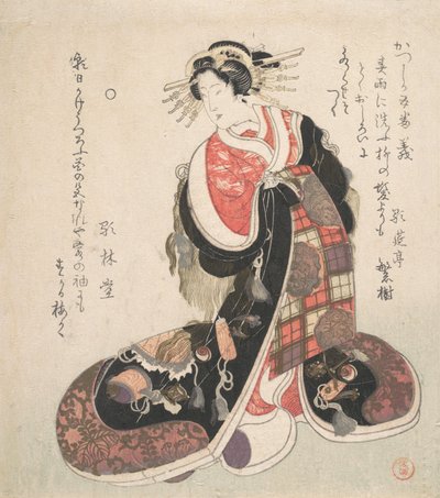 Kurtizána oblečená v propracovaných šatech s vyšívanými emblémy štěstí, ca. 1800. od Kubo Shunman