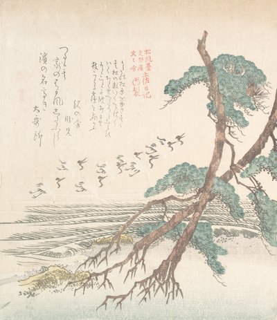 Přímořská krajina s borovicemi a létajícími jeřáby, 19. století. od Kubo Shunman