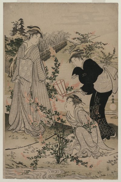 Ženy řezající větve Bush Clover, řeka Noji Tama v provincii Omi ..., konec 80. let 18. století. od Kubo Shunman