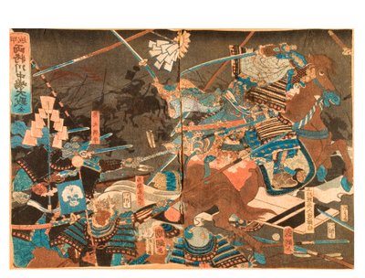 Velká bitva u Kawanakajimy mezi dvěma generály, cca 1859-71 (dřevěný blok na papíře) od Kuninaga Utagawa