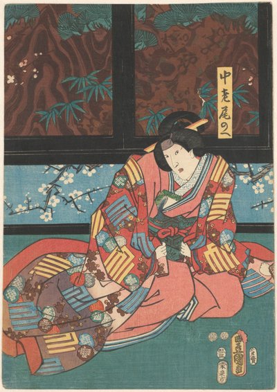 Scéna z hry Play The Mirror Mountain Dvorní dáma Onoe sedící před dělicí místností od Kunisada (I) , Utagawa