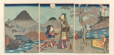 Měsíc se odráží v rýžových polích Shinano Shinshû tagoto no tsuki (název na objektu) od Kunisada (II) , Utagawa