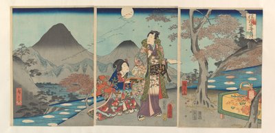 Měsíc se odráží v rýžových polích Shinano Shinshû tagoto no tsuki (název na objektu) od Kunisada (II) , Utagawa
